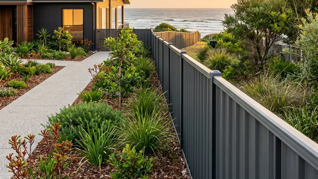 Completed Colorbond boundary fence with posts, rails and plinth line visible on a coastal Queensland property