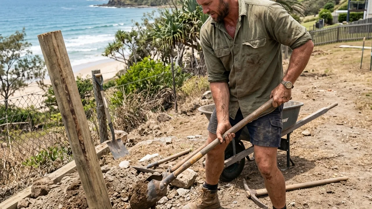 Fencing contractor setting a post along a boundary fence line on a coastal Queensland block